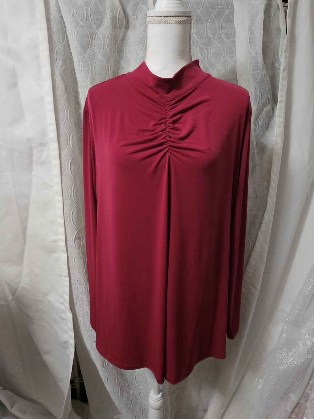 Women's Susan Graver Liquid Knit Ruched Mock Neck Long-Sleeve Top - Magenta 3x